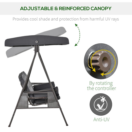 Outsunny 3 Seater Garden Swing Chair Outdoor Hammock Bench w/ Adjustable Canopy, Cushions and Cup Trays, Brown Steel Frame, Dark Grey Fabric