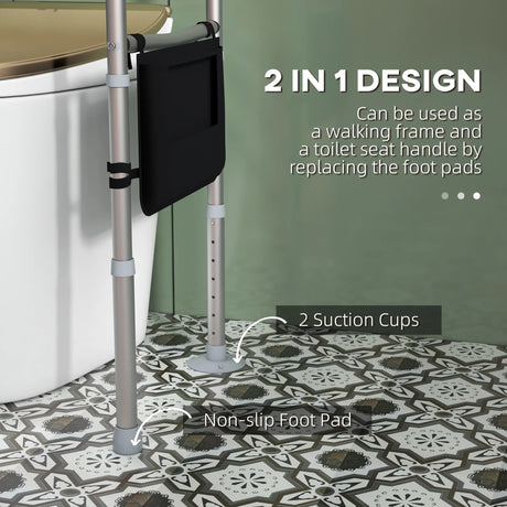 HOMCOM Free Standing Toilet Frame, Height and Width Adjustable Toilet Safety Frame with Arms, 2 Additional Suction Cups, Storage for Elderly, Disabled, Handrail Grab Bar, 136kg Weight Capacity