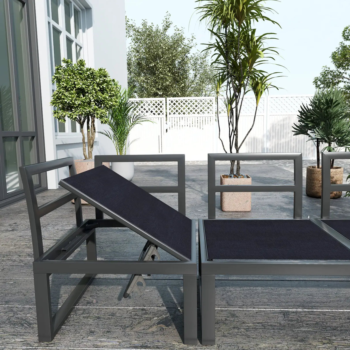 Outsunny 4 Pieces Garden Furniture Set, 5-Level Reclining Garden Corner Sofa Set, Outdoor Lounge Conversation Sectional with Cushions, Wood Effect Plastic Table, Black Frame & Light Grey Cushion