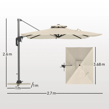 Outsunny 3.7 x 2.7 m Cantilever Parasol w/ 360 Rotation and Easy Tilt Adjustment, Aluminium Hanging Offset Outdoor Umbrella w/ Double Top and Cross Base, UPF50+ Hanging Sun Shade, Grey Wood Effect