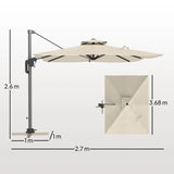Outsunny 3.7 x 2.7 m Cantilever Parasol w/360 Rotation and Easy Tilt Adjustment, Aluminium Hanging Offset Outdoor Umbrella w/Double Top, Cross Base, UPF50+ Hanging Sun Shade, Grey Wood Effect Pole