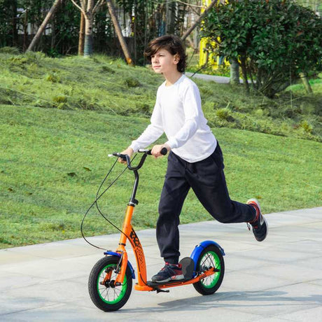 HOMCOM Kids Kick Scooter, Push Scooter, Adjustable Height, Front Rear Dual Brakes, 12-Inch Inflatable Rubber Wheels, for 5+ Years, Orange