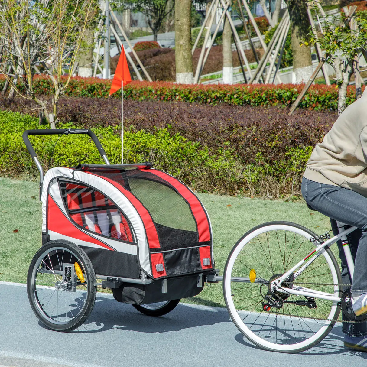 HOMCOM Baby Bike Trailer, Child Bicycle Trailer with 5 Point Harness, Steel Frame, Reflectors, Safety Flag, Hitch Coupler, Red
