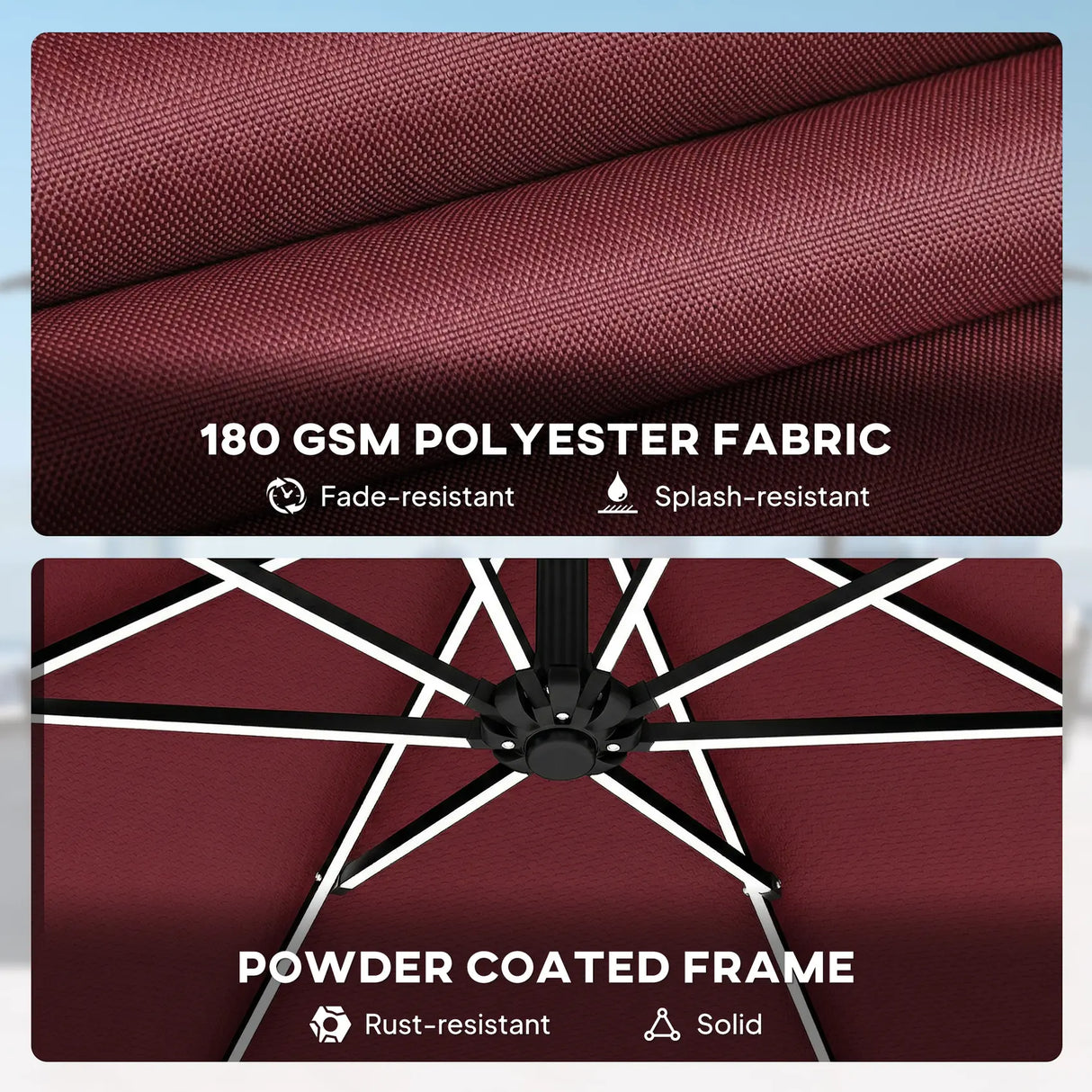 Outsunny 3 m Garden Cantilever Parasol with LED Solar Light, Round Overhanging Umbrella with 360 Rotation, Cover, Wine Red