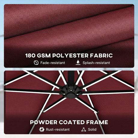 Outsunny 3 m Garden Cantilever Parasol with LED Solar Light, Round Overhanging Umbrella with 360 Rotation, Cover, Wine Red
