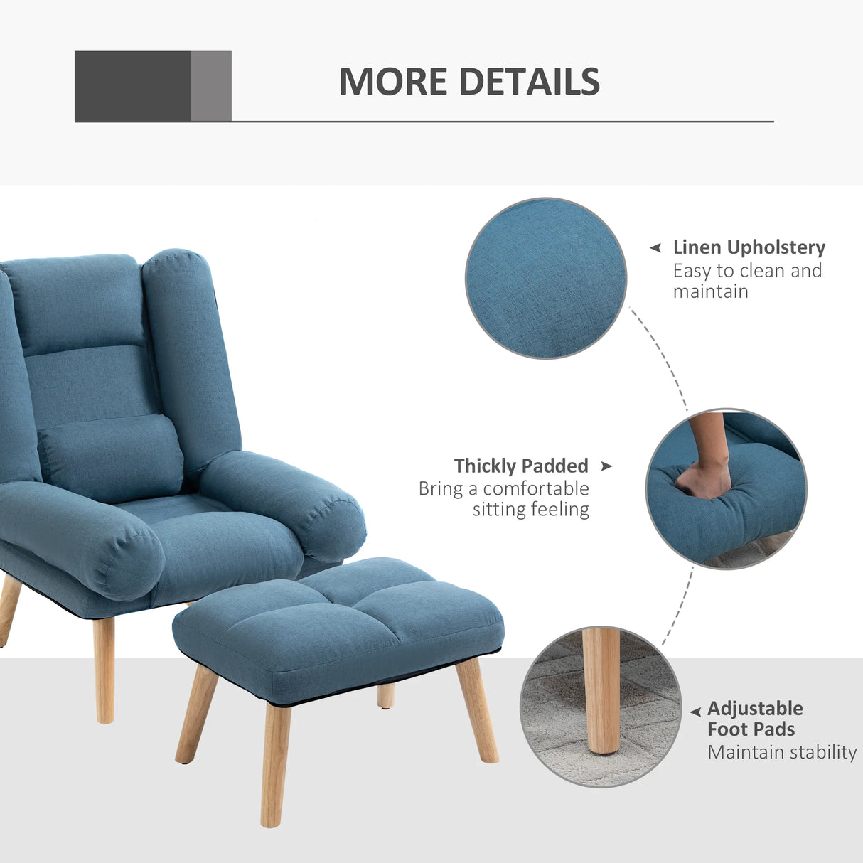 HOMCOM Armchair with Footstool, 180 Recliner with Ottoman, Accent Chair and Footstool with 3-Position Adjustable Backrest and Wooden Legs for Living Room, Blue