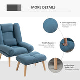 HOMCOM Armchair with Footstool, 180 Recliner with Ottoman, Accent Chair and Footstool with 3-Position Adjustable Backrest and Wooden Legs for Living Room, Blue