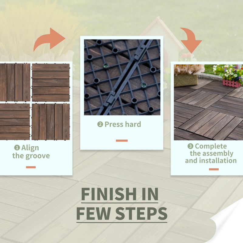 Outsunny 27 Pcs Solid Wood Interlocking Decking Tiles For Patio, Balcony, Roof Terrace, Hot Tub, Black, (30 x 30 cm Per Piece)