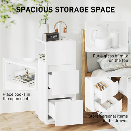 HOMCOM Slim Bedside Table, Narrow Bedside Cabinet with Open Shelf and 2 Drawers for Bedroom, Living Room, White