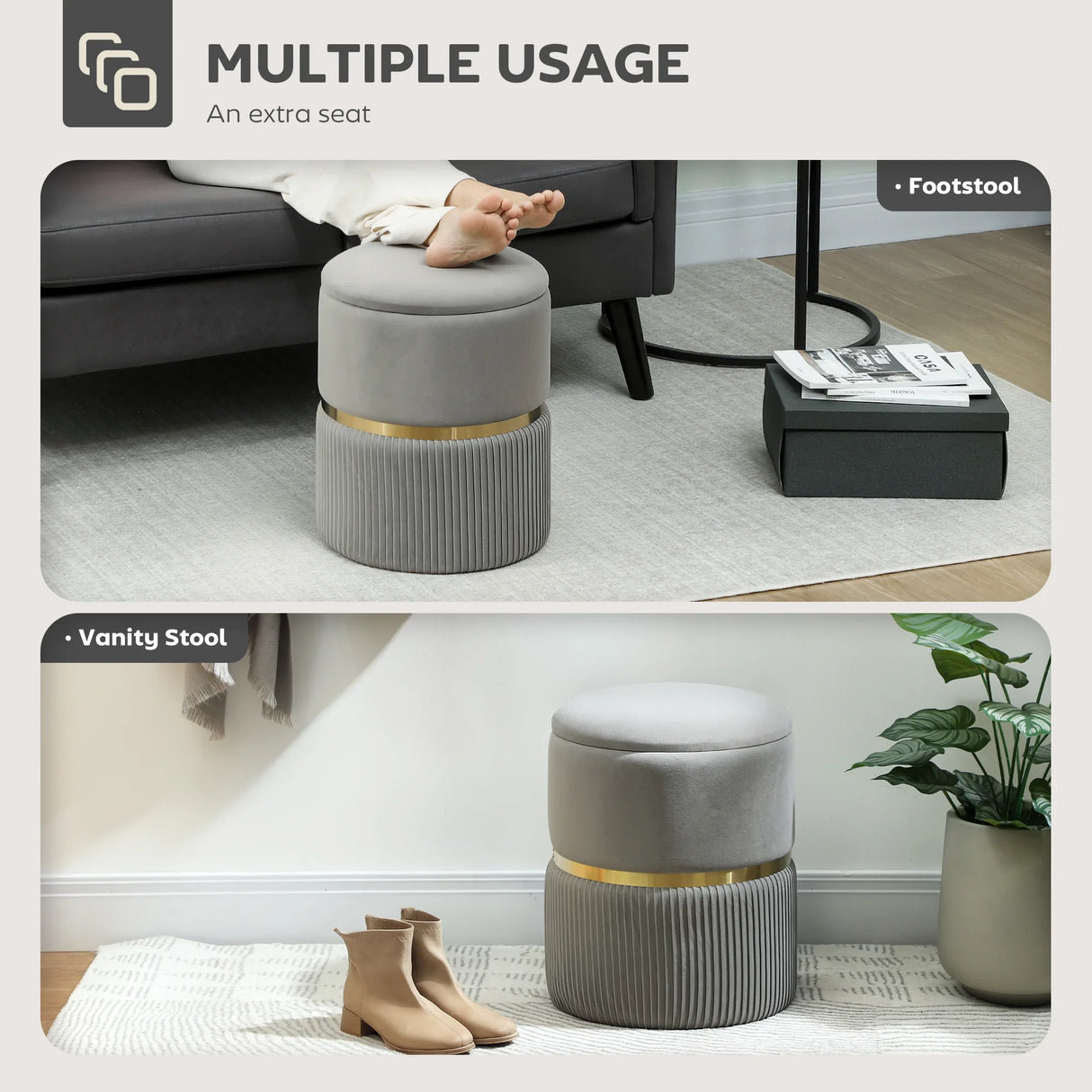 HOMCOM Velvet-Feel Storage Ottoman - Light Grey