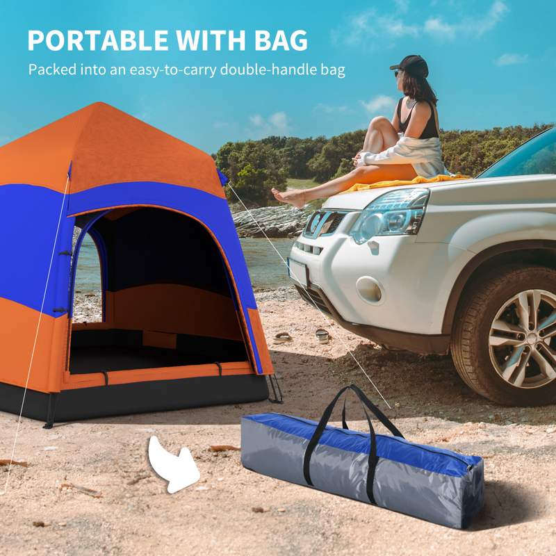 Outsunny Double Layer Dome Tent with Rainfly and Welded Floor, 4 Man Hexagon Pop Up Tent, Portable Camping Shelter with Hang Hook and Carry Bag, for Festival Hiking Family, Orange and Blue