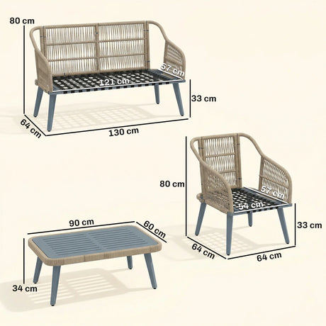 Outsunny 4 Piece Rattan Garden Furniture Set with Loveseat, Armchairs, Wood Table, Wicker Patio Conversation Set, Grey