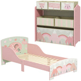 ZONEKIZ Toddler Bed Frame, Kids Storage Shelf Unit with 6 Fabric Bins for Ages 3-6 Years, Pink