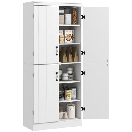 HOMCOM 4-Door Tall Kitchen Cupboard, Freestanding 6-Tier Storage Cabinet with 2 Adjustable Shelves for Living Room, Dining Room, White