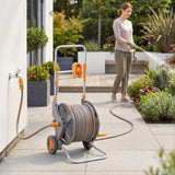 Outsunny Hose Reel Cart with Wheels, 45+2m Garden Hose Reel with 2 Patterns Nozzle, Faucet Adaptors and Rewind Handle, Orange