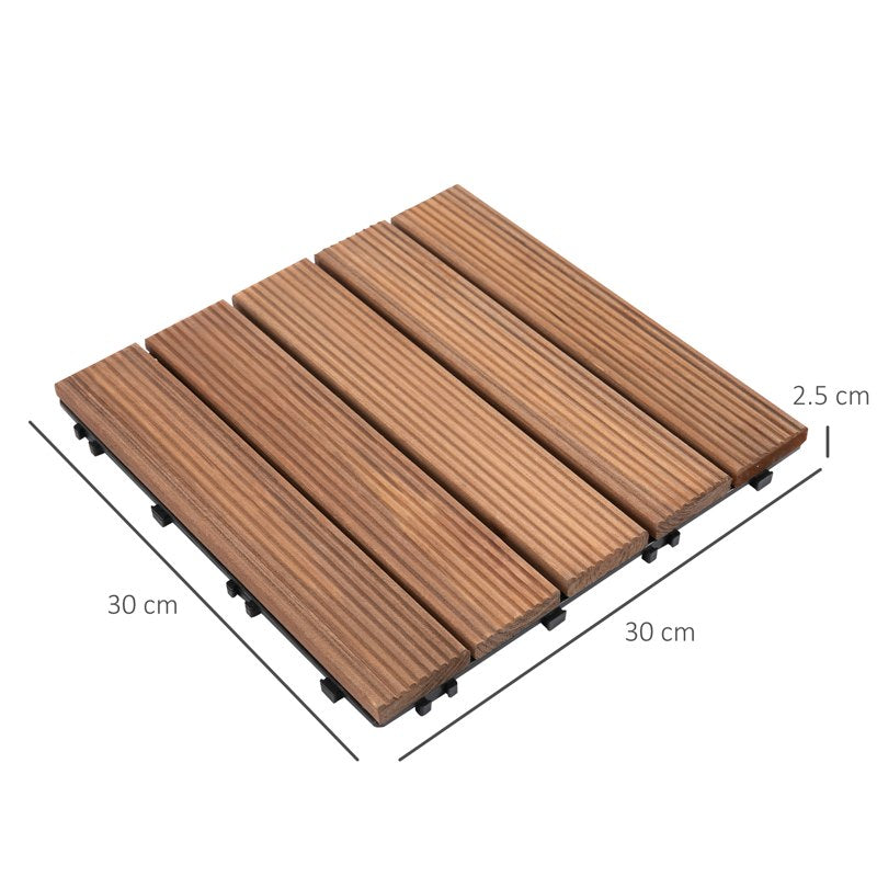 Outsunny 27 Pcs Solid Wood Interlocking Decking Tiles For Patio, Balcony, Roof Terrace, Hot Tub, Brown, (30 x 30 cm Per Piece)