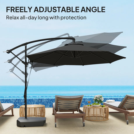 Outsunny 3(m) Garden Cantilever Parasol with Fillable Base up to 90kg, Wind Protection Strap, Cover, Round Banana Hanging Umbrella with Crank Handle and Tilt, UPF50+ Patio Umbrella, Grey
