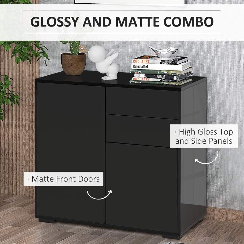 HOMCOM High Gloss Frame Sideboard, Side Cabinet, Push-Open Design with 2 Drawer for Living Room, Bedroom, Black