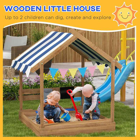 Outsunny House-Designed Wooden Sandbox, Outdoor Sandpit, with Blackboard, Toys, Sink, Seats, Flags, for Ages 3-7 Years - Brown