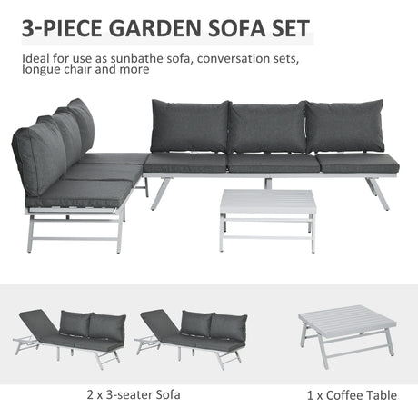 Outsunny 3 Pieces Garden Furniture Sets, 6 Seater Corner Sofa Set with Adjustable Backrest Chase Lounge with Slatted Metal Top Table, Padded Cushion, Grey