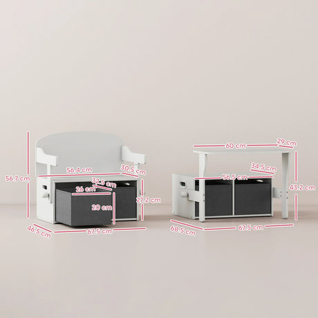 AIYAPLAY 3 in 1 Kids Storage Bench, Convertible Children Table and Chair Set with 2 Fabric Bins, Toy Storage Box, White