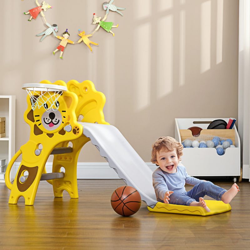 AIYAPLAY Baby Slide with Basketball Hoop, Climber, Easy to Assemble Kids Slide for Indoor Use, for Ages 18-36 Months - Yellow