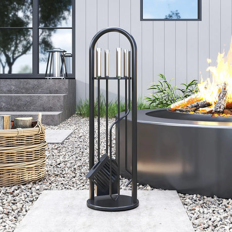 Outsunny 5 Pieces Fireplace Tools Set, Metal Fireplace Accessories Fireside Companion Set with Broom, Shovel, Poker and Bucket, Silver
