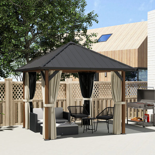 Outsunny 3 x 3(m) Hardtop Gazebo with Galvanised Steel Roof and Water Gutter, Waterproof Permanent Pavilion Garden Gazebo with Netting and Curtains for Patio, Deck, Walnut Wood Finish