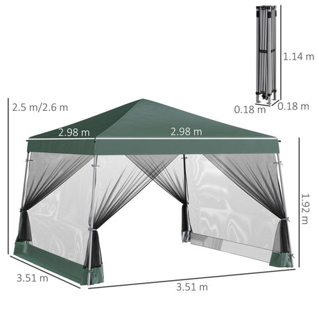 Outsunny Outdoor Garden Pop-up Gazebo Canopy Tent Sun Shade Event Shelter Folding with Adjustable Height, Mesh Screen Side Walls 3.5 M × 3.5 M Base / 3 M × 3 M Top, Green