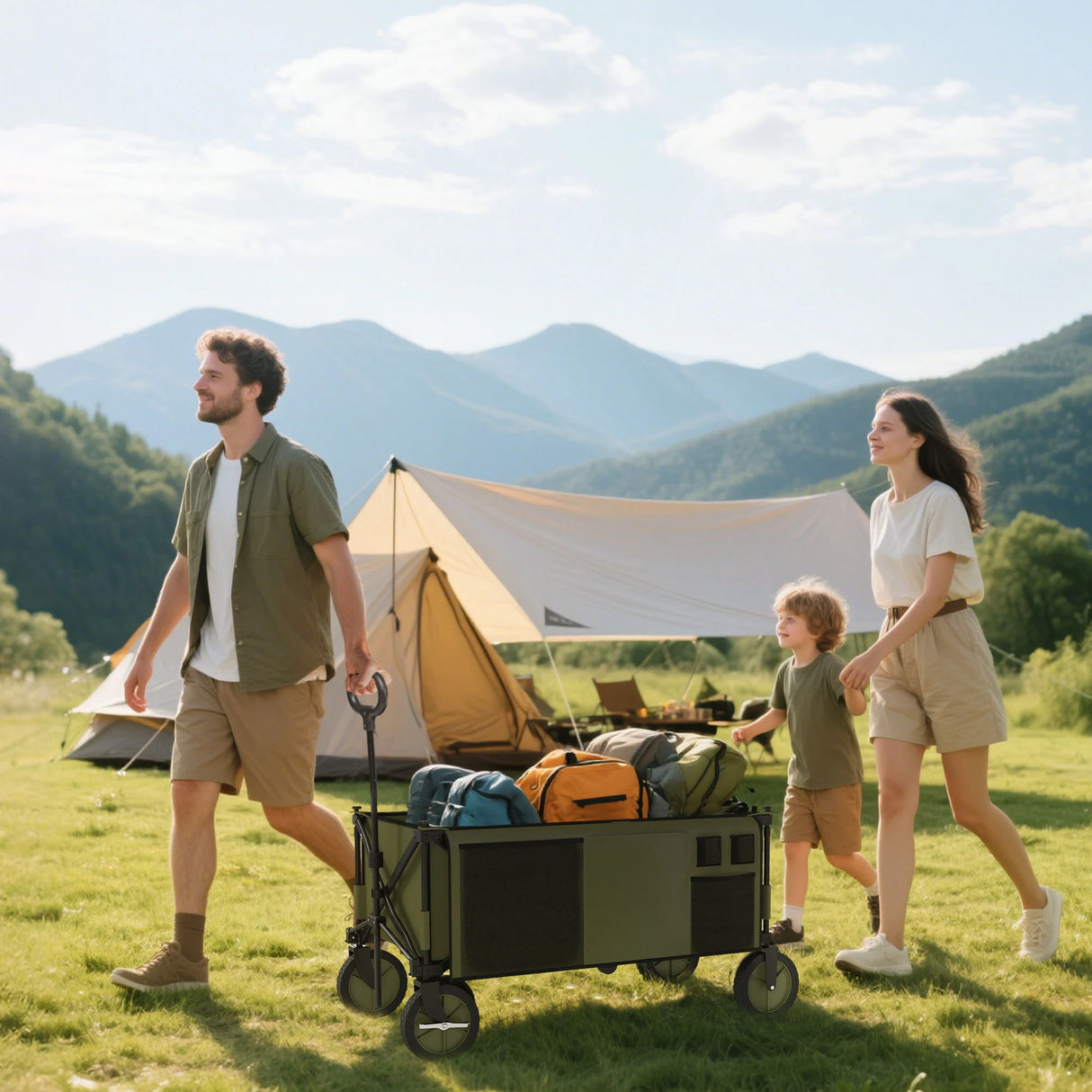 Outsunny Folding Garden Trolley, Cargo Trailer on Wheels, Collapsible Camping Trolley with Folding Board, Outdoor Utility Wagon with Steel Frame and Oxford Fabric, Green
