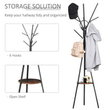 HOMCOM Freestanding Metal Coat Rack Stand 9 Hooks Clothes Tree with 1 Shelf Hat Display Hall Tree Hanger Bag Umbrella Hanging Organiser Brown