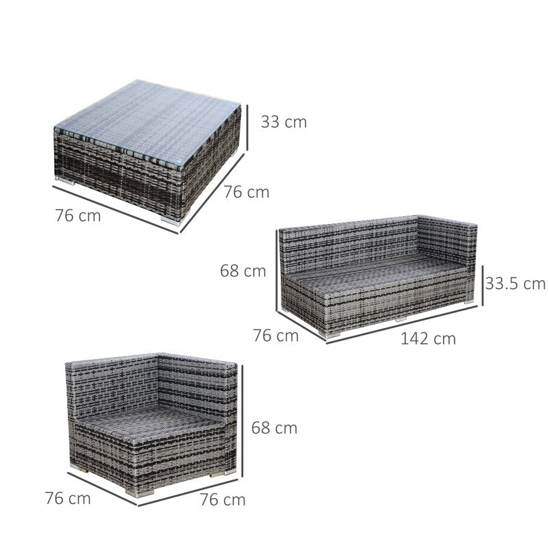 Outsunny 4 Pieces Rattan Garden Furniture Set, Wicker Outdoor Furniture with Corner Sofa Loveseat Coffee Table Cushions, Conservatory Furniture Set for Patio Balcony Poolside, Grey