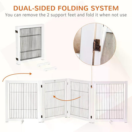 PawHut Freestanding Folding Pet Gate 4 Panels Dog Puppy Barrier with Support Feet