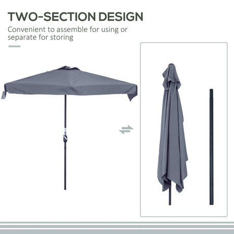 Outsunny 2.3m Half Parasol Semi Round Umbrella Patio Metal Frame Crank Handle for Balcony-- NO BASE INCLUDED, Grey
