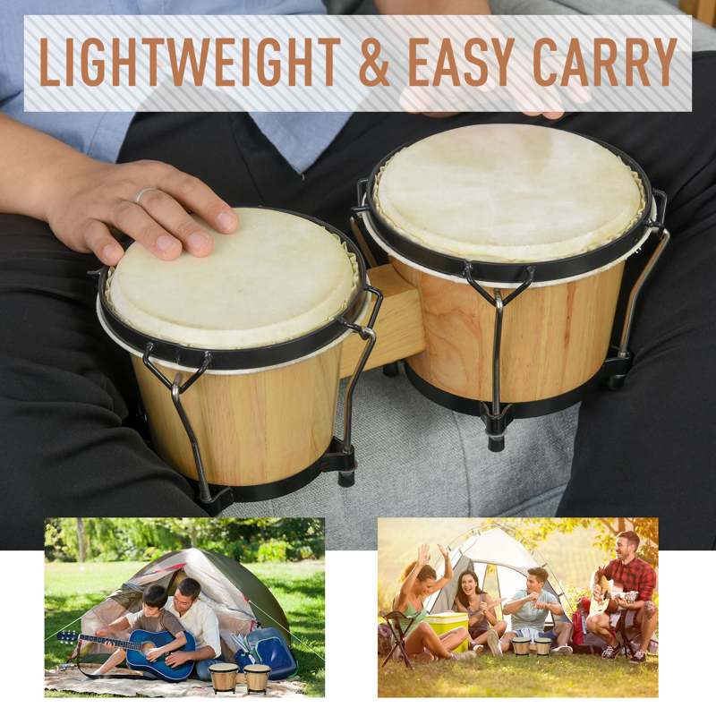 HOMCOM Wooden Bongo Drum Set Φ7.75" & Φ7" w/ Drum Head, Percussion Instrument, Drums, Tuning Wrench For Adults Beginners