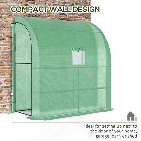 Outsunny Walk-In Lean to Wall Greenhouse with Windows and Doors, Outdoor Green House with 3 Tiers 4 Wired Shelves, 200L x 100W x 215Hcm, Green