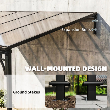 Outsunny 4 x 3 m Metal Lean-to Pergola, Wall-Mounted Garden Pergola with Polycarbonate Roof and Metal-Aluminium Frame, Heavy Duty Hardtop Gazebo for Outdoor Patios, BBQ, Brown