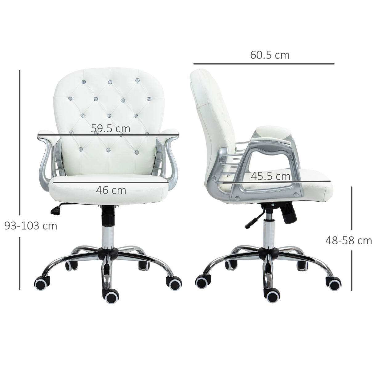 Vinsetto Office Chair Ergonomic 360 Swivel PU Diamante Padded Base 5 Castor Wheels for Home Work White