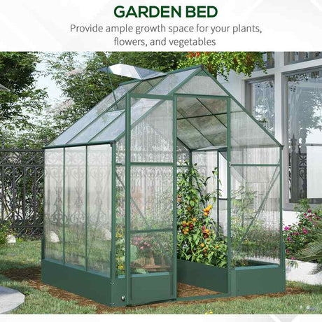 Outsunny 6x6 FT Polycarbonate Greenhouse with Base and Raised Bed, Walk-in Greenhouse with Aluminium Frame, Temperature Controlled Window, Foundation for Plants, Flowers, Vegetable