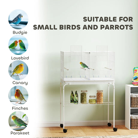 PawHut Bird Cage with Divider, 4 Wooden Perches, Slide Out Tray, 4 Feeders, for Budgie, Lovebird, Canary, 76 x 46 x 116cm White