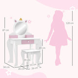 ZONEKIZ Unicorn-Design Kids Dressing Table, with Mirror and Stool - White