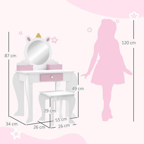 ZONEKIZ Unicorn-Design Kids Dressing Table, with Mirror and Stool - White