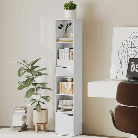 HOMCOM 6-Tier Bookcase, Tall Narrow Bookshelf with Drawer and Door - White