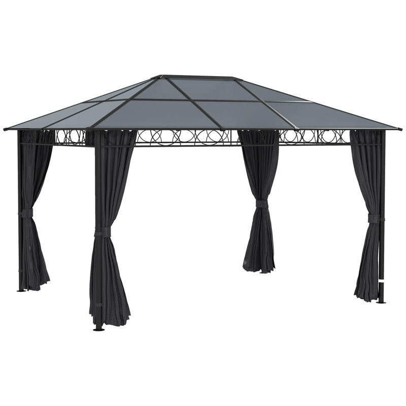 Outsunny Hardtop Gazebo Garden Pavilion with UV Resistant Polycarbonate Roof, Curtains, Steel & Aluminium Frame, 3 x 4m, Grey