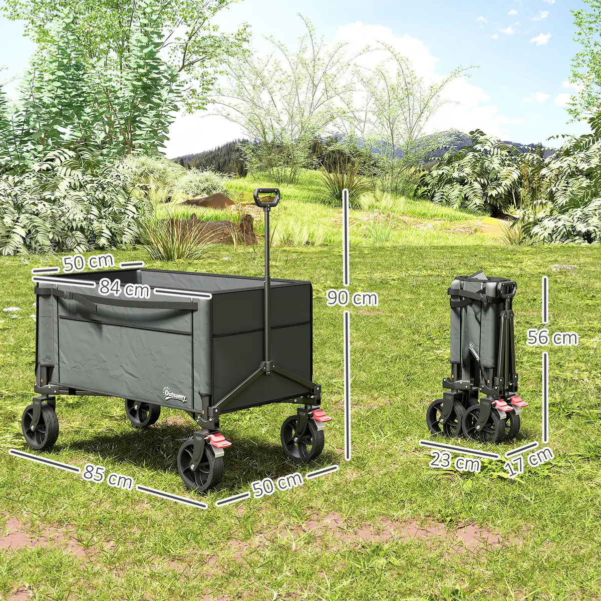 Outsunny Festival Trolley on Wheels, 150L Folding Camping Trolley Cart with Openable Sides, Adjustable Handle and Brakes for Shopping Beach Garden Fishing, Grey