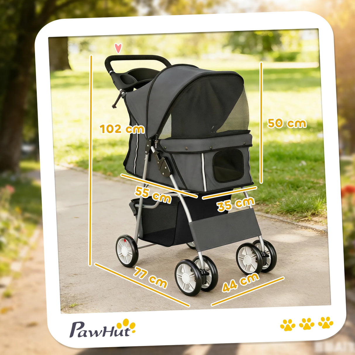 PawHut Dog Pram, Pet Stroller with Reflective Strips, Foldable Cat Stroller with 360 Swivel Wheels, Dark Grey