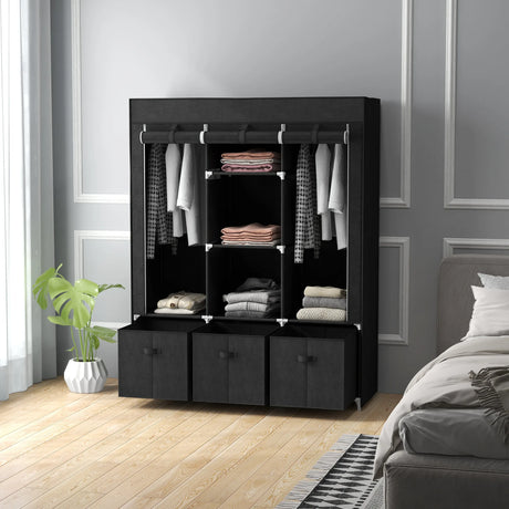 HOMCOM Foldable Fabric Wardrobe for Bedroom, Portable Wardrobe with 5 Shelves, 2 Hanging Rails and 3 Fabric Drawers, Black