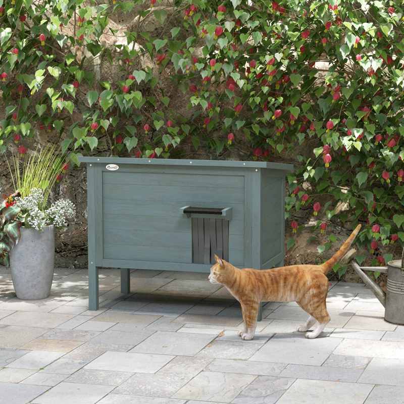 PawHut Feral Cat House, Wooden Insulated with Removable Floor, Water-Resistant Openable Roof - Charcoal Grey