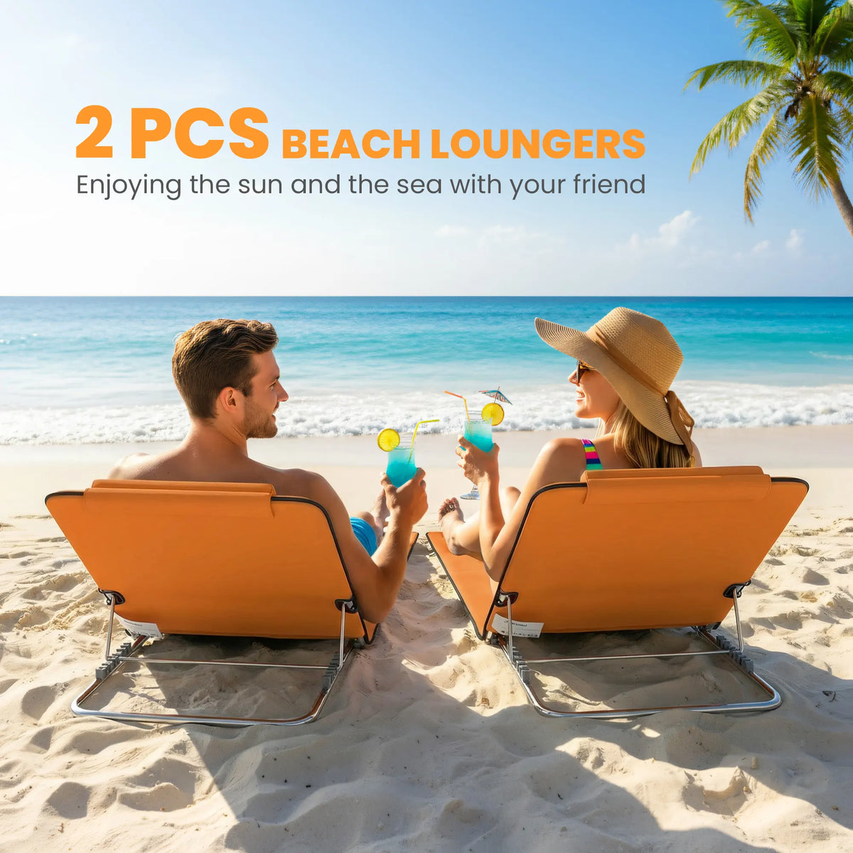 Outsunny Set of Two Metal Frame Beach Chairs, with Reclining Backs - Orange