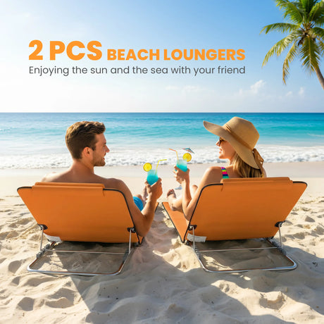 Outsunny Set of Two Metal Frame Beach Chairs, with Reclining Backs - Orange